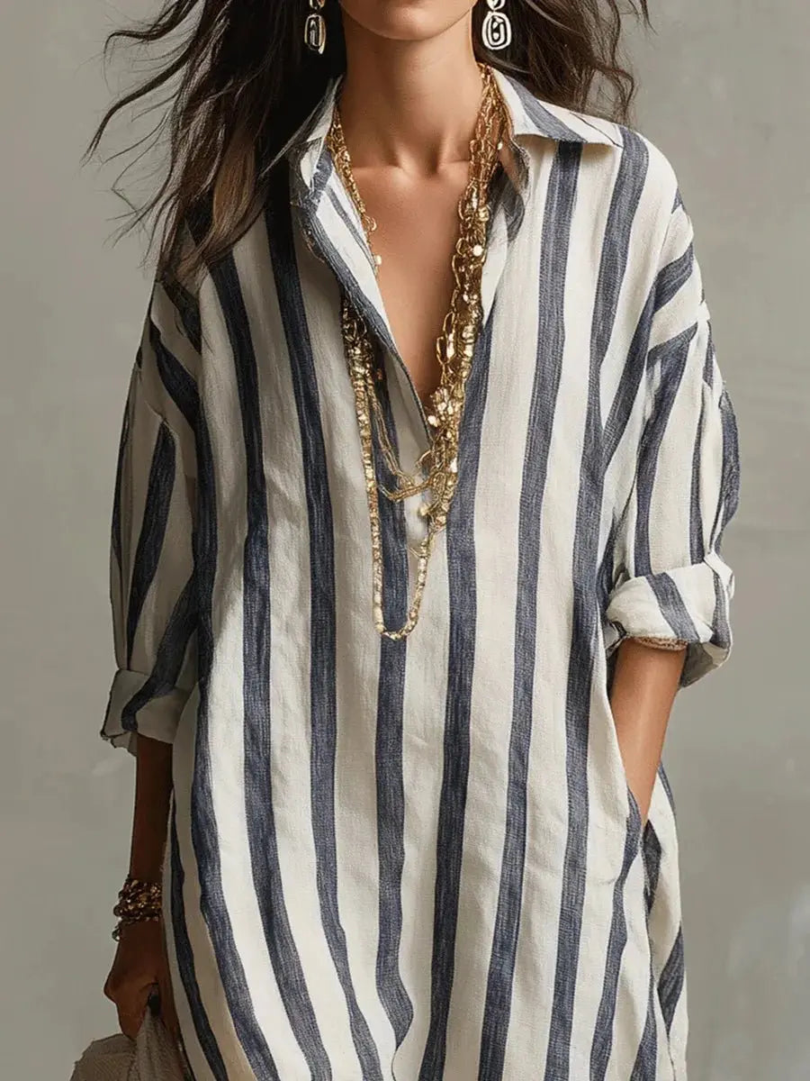 Arabella | Women’s Striped V-Neck Button-Front Maxi Shirt Dress