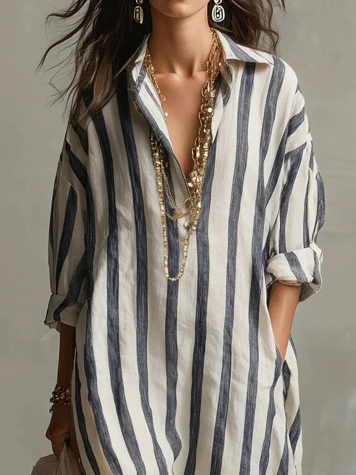 Arabella | Women’s Striped V-Neck Button-Front Maxi Shirt Dress