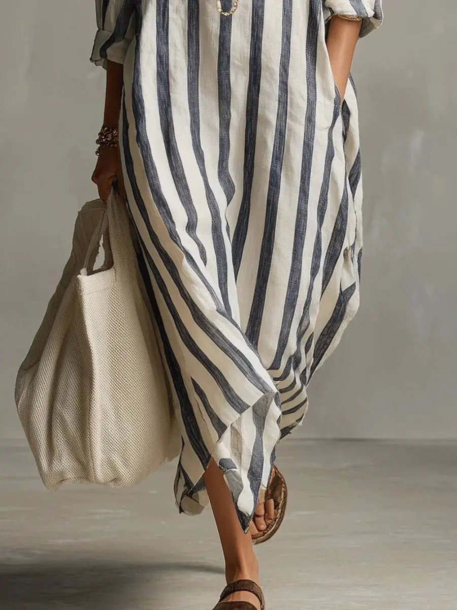 Arabella | Women’s Striped V-Neck Button-Front Maxi Shirt Dress