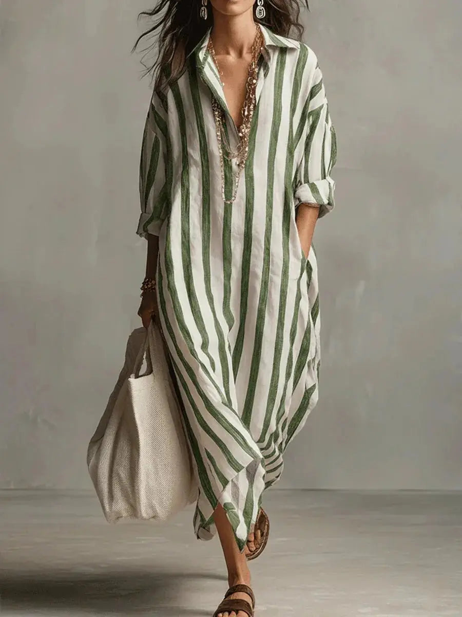 Arabella | Women’s Striped V-Neck Button-Front Maxi Shirt Dress