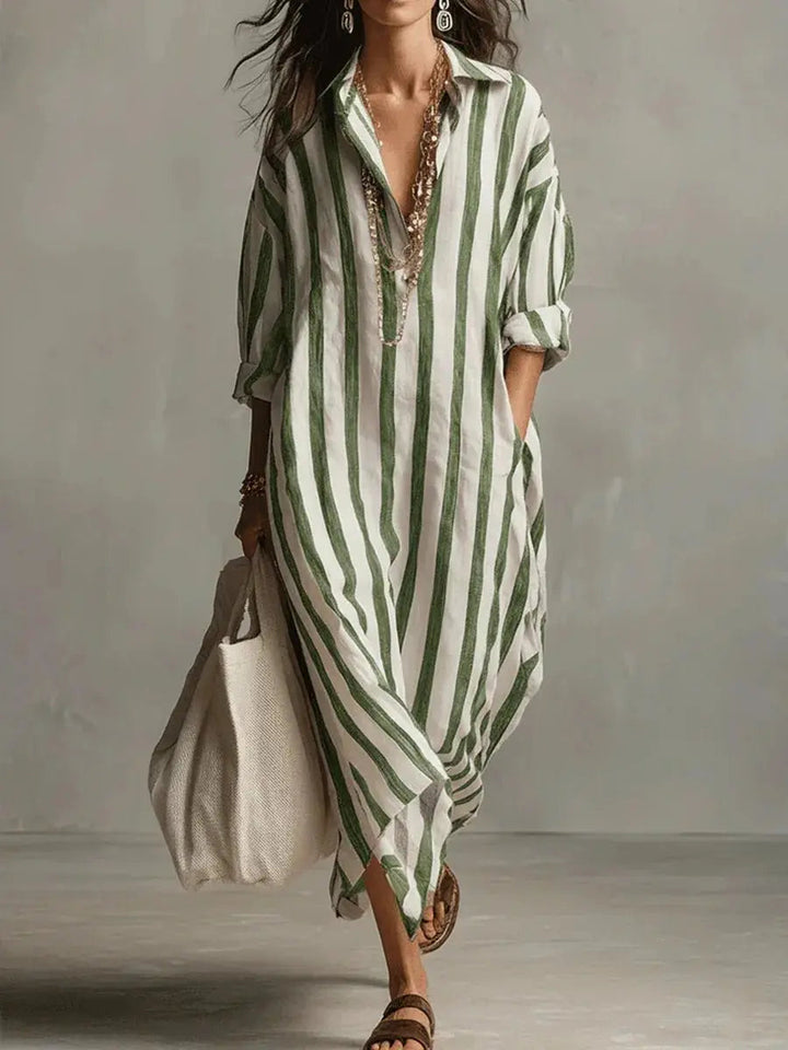 Arabella | Women’s Striped V-Neck Button-Front Maxi Shirt Dress