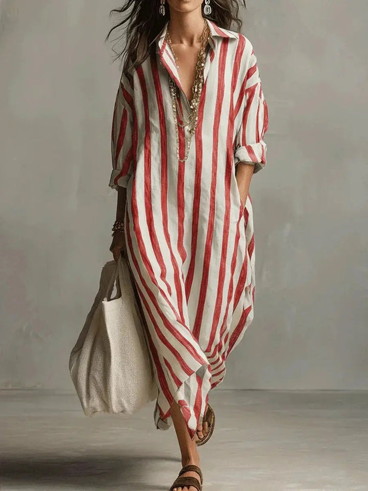 Arabella | Women’s Striped V-Neck Button-Front Maxi Shirt Dress