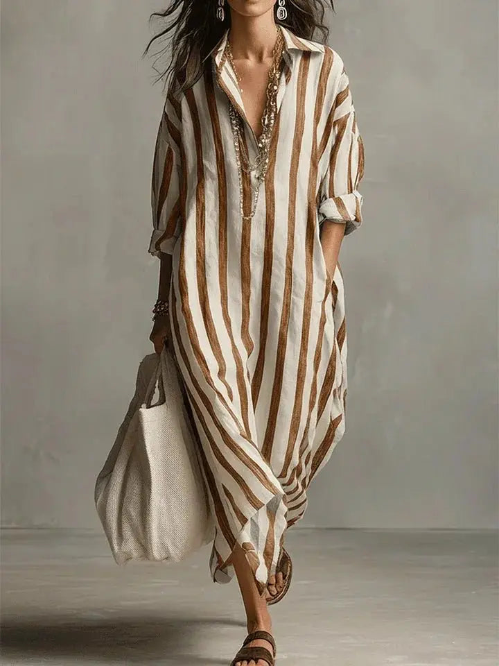 Arabella | Women’s Striped V-Neck Button-Front Maxi Shirt Dress