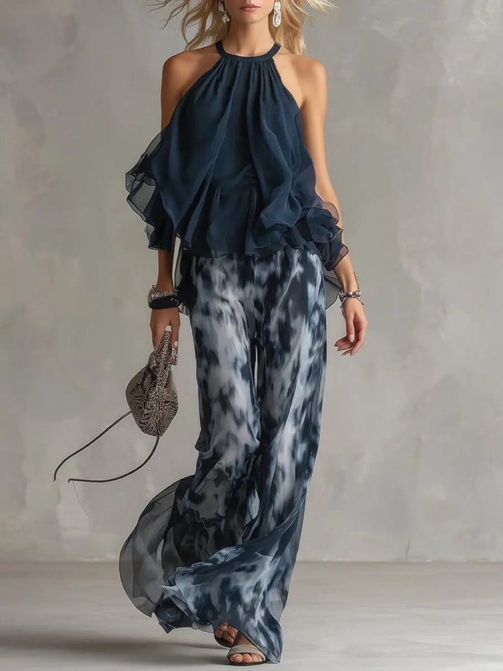 Lilibet | Women’s Halter Ruffle Top & Abstract Wide-Leg Trouser Set