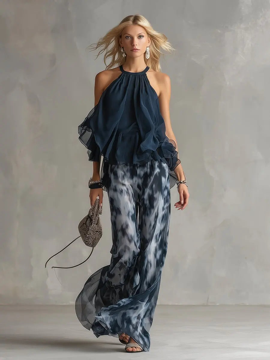 Lilibet | Women’s Halter Ruffle Top & Abstract Wide-Leg Trouser Set