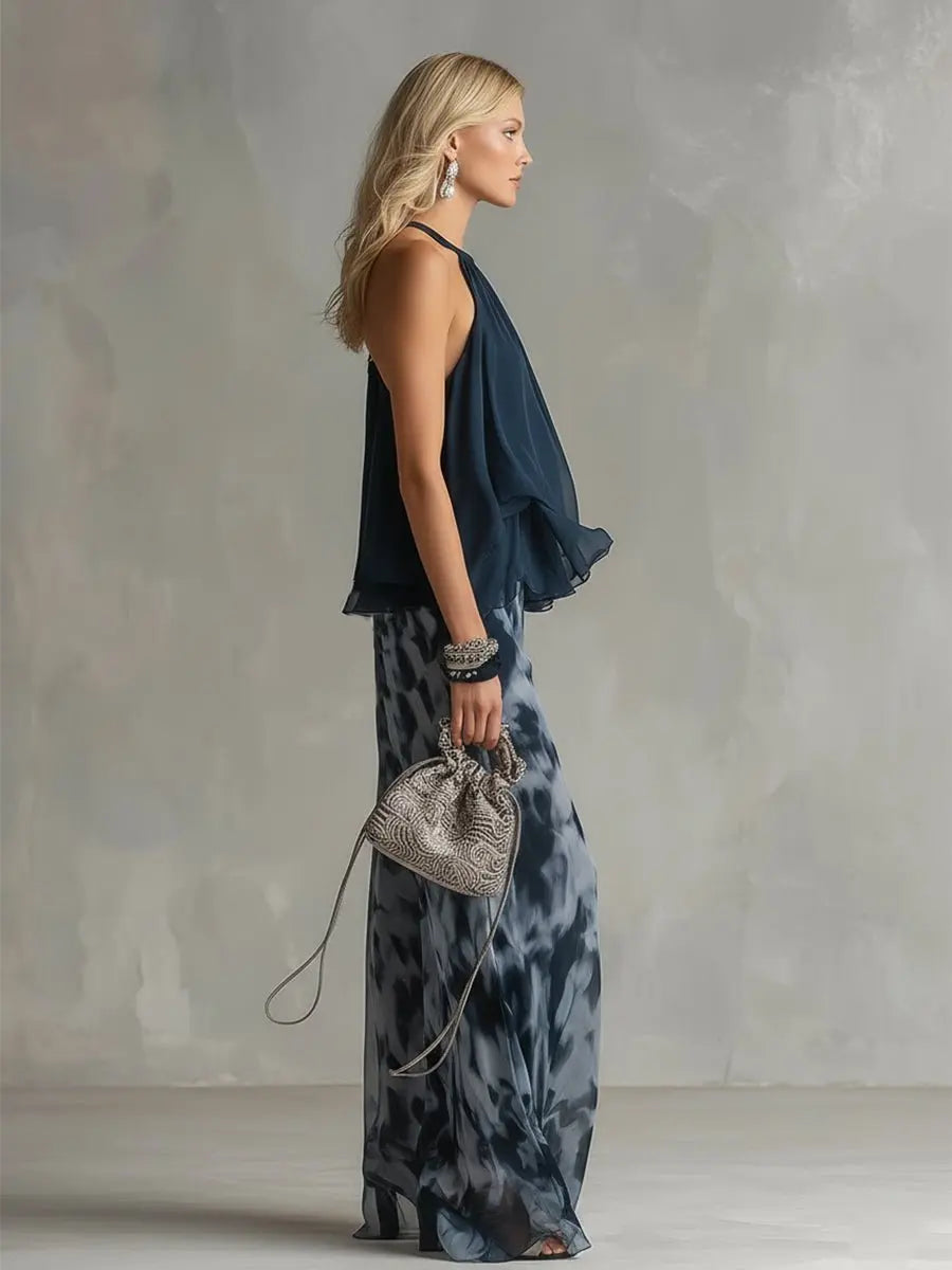 Lilibet | Women’s Halter Ruffle Top & Abstract Wide-Leg Trouser Set