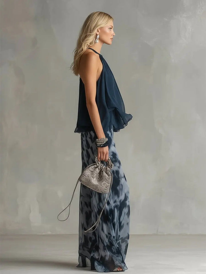 Lilibet | Women’s Halter Ruffle Top & Abstract Wide-Leg Trouser Set