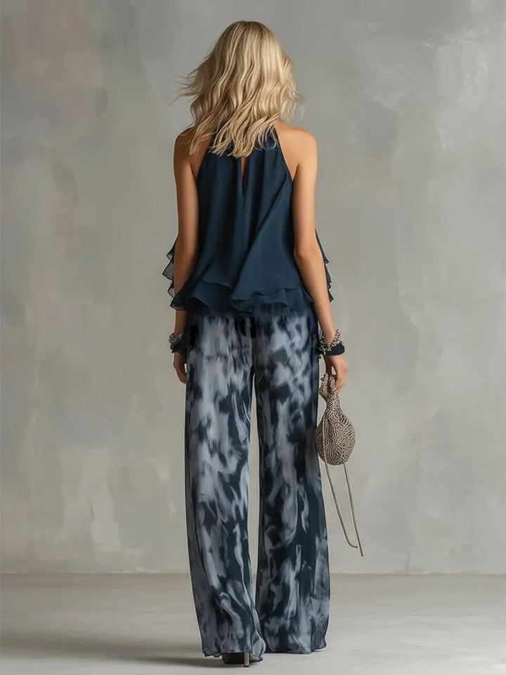 Lilibet | Women’s Halter Ruffle Top & Abstract Wide-Leg Trouser Set