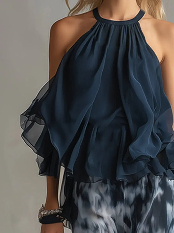 Lilibet | Women’s Halter Ruffle Top & Abstract Wide-Leg Trouser Set