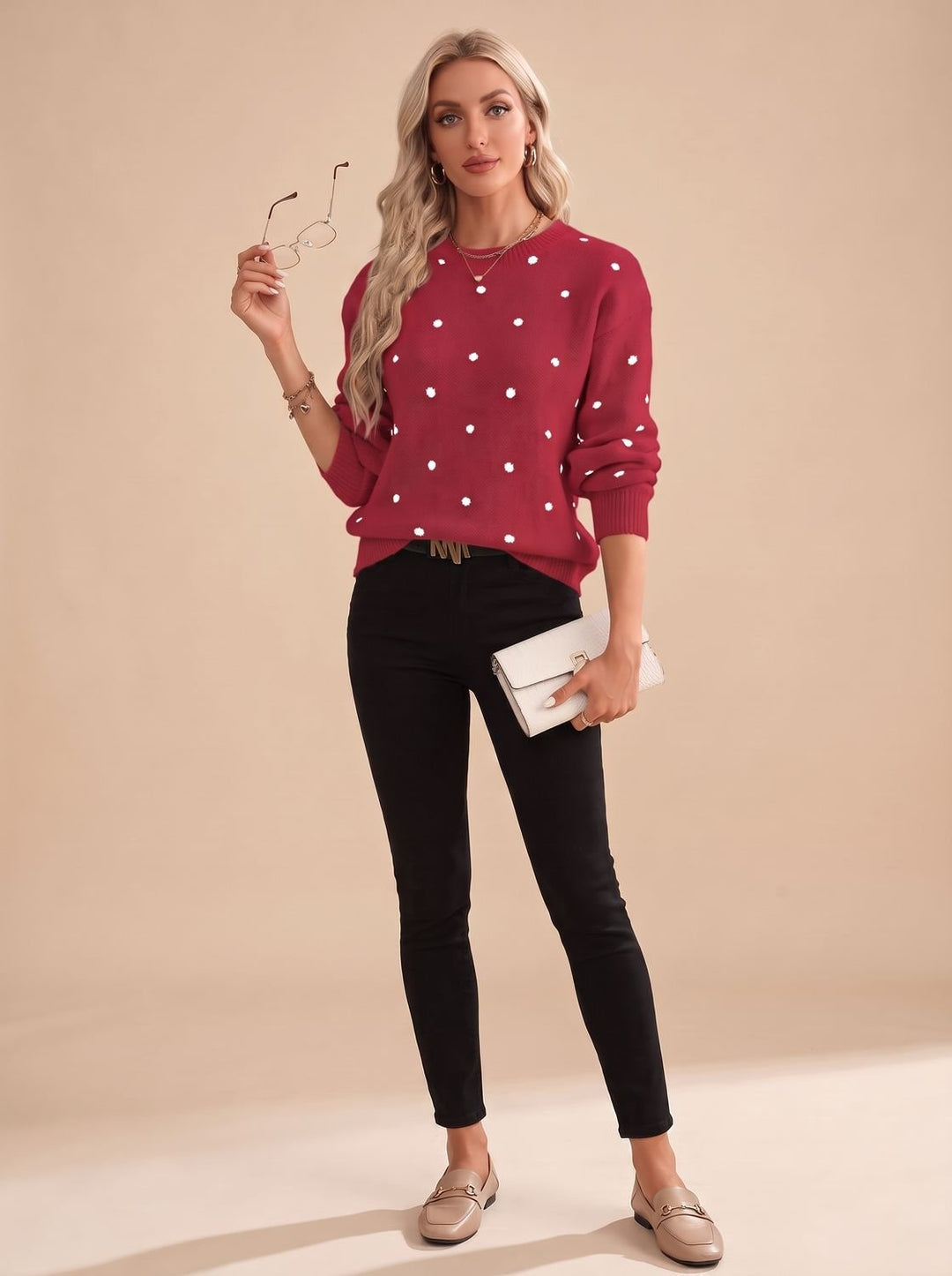 Nina | Women's Polka Dot Round-Neck Long-Sleeve Knit Sweater