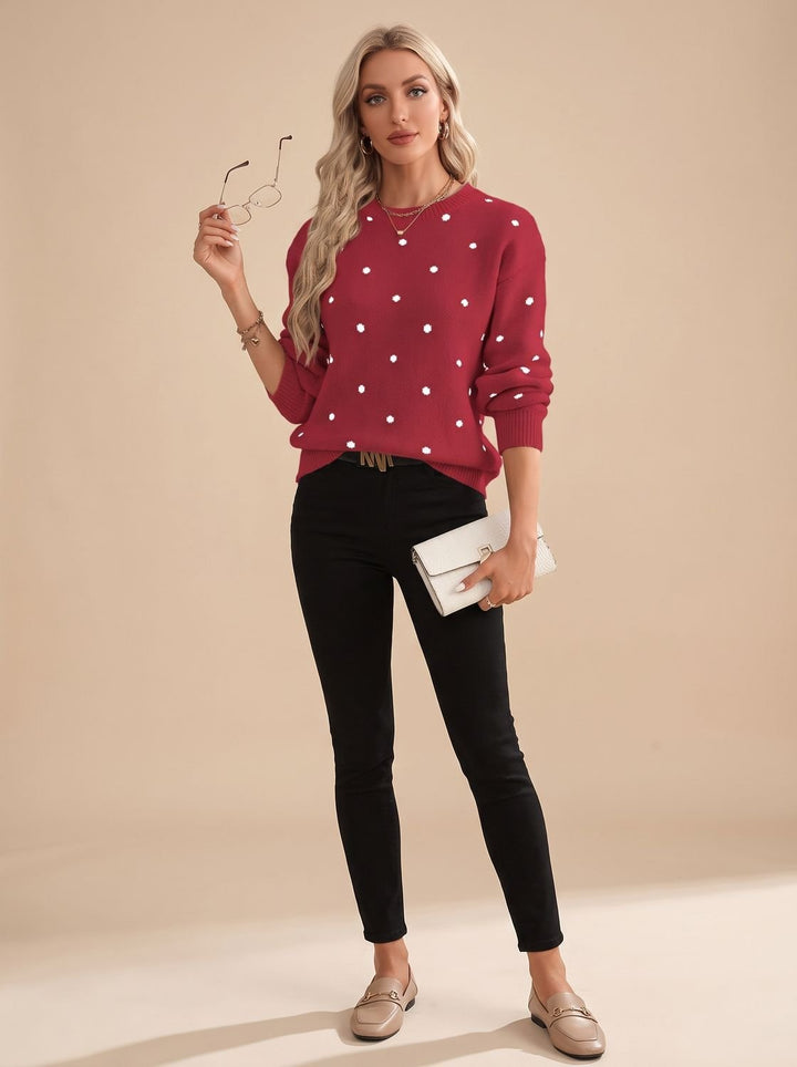 Nina | Women's Polka Dot Round-Neck Long-Sleeve Knit Sweater