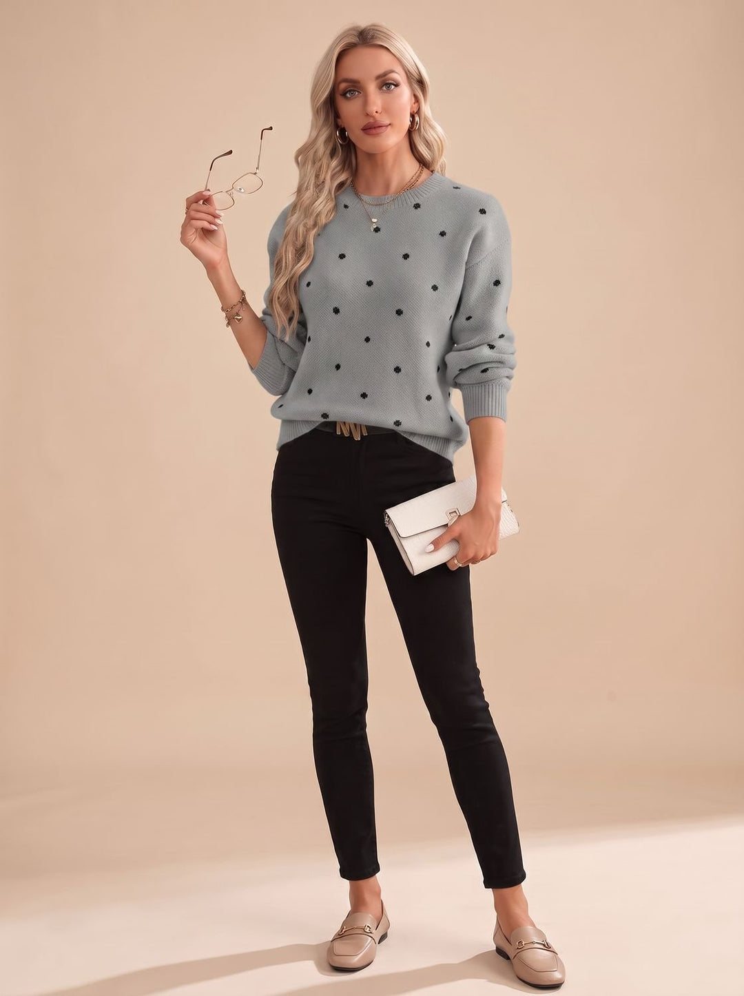 Nina | Women's Polka Dot Round-Neck Long-Sleeve Knit Sweater