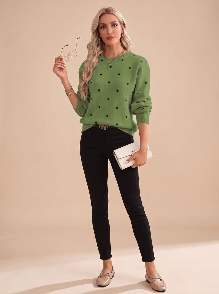 Nina | Women's Polka Dot Round-Neck Long-Sleeve Knit Sweater