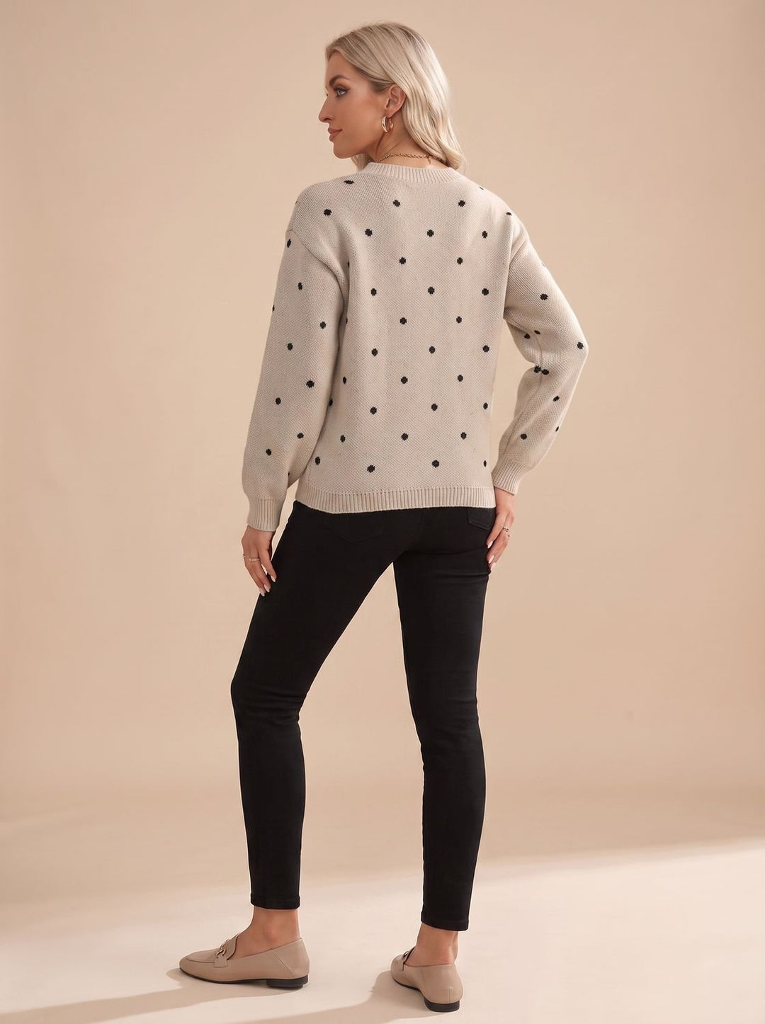 Nina | Women's Polka Dot Round-Neck Long-Sleeve Knit Sweater