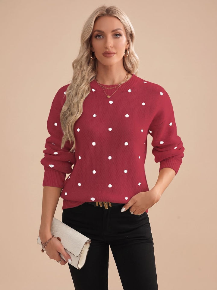 Nina | Women's Polka Dot Round-Neck Long-Sleeve Knit Sweater