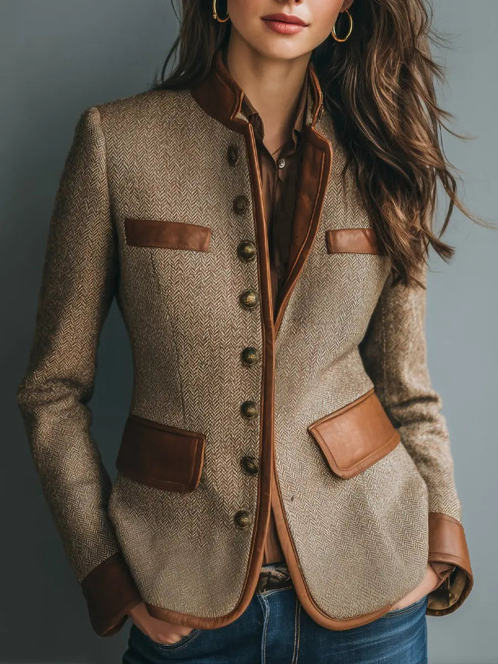 Edith | Women’s Herringbone Tweed-Style Leather-Trim Button-Up Jacket