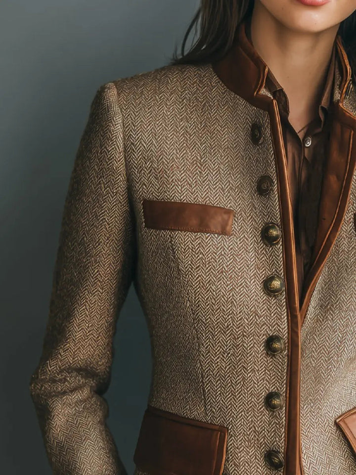 Edith | Women’s Herringbone Tweed-Style Leather-Trim Button-Up Jacket