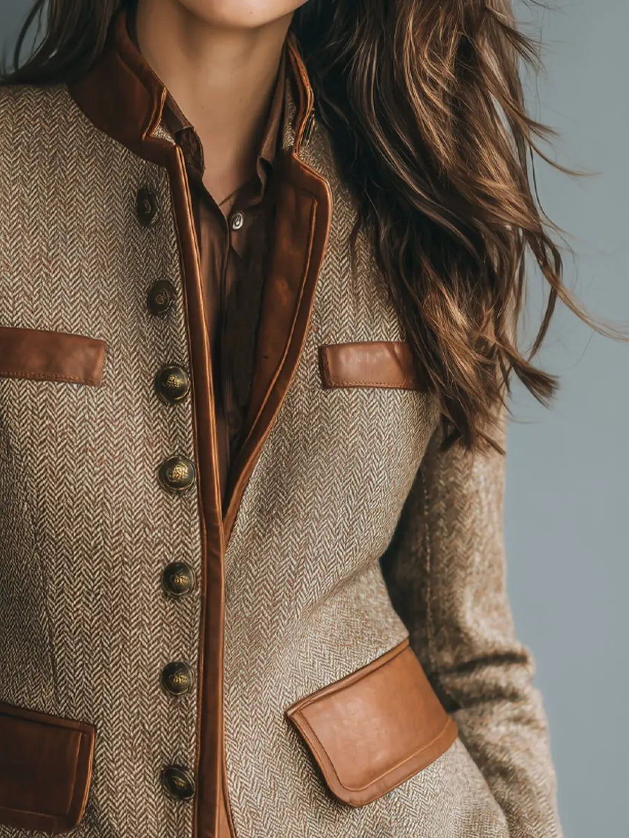 Edith | Women’s Herringbone Tweed-Style Leather-Trim Button-Up Jacket