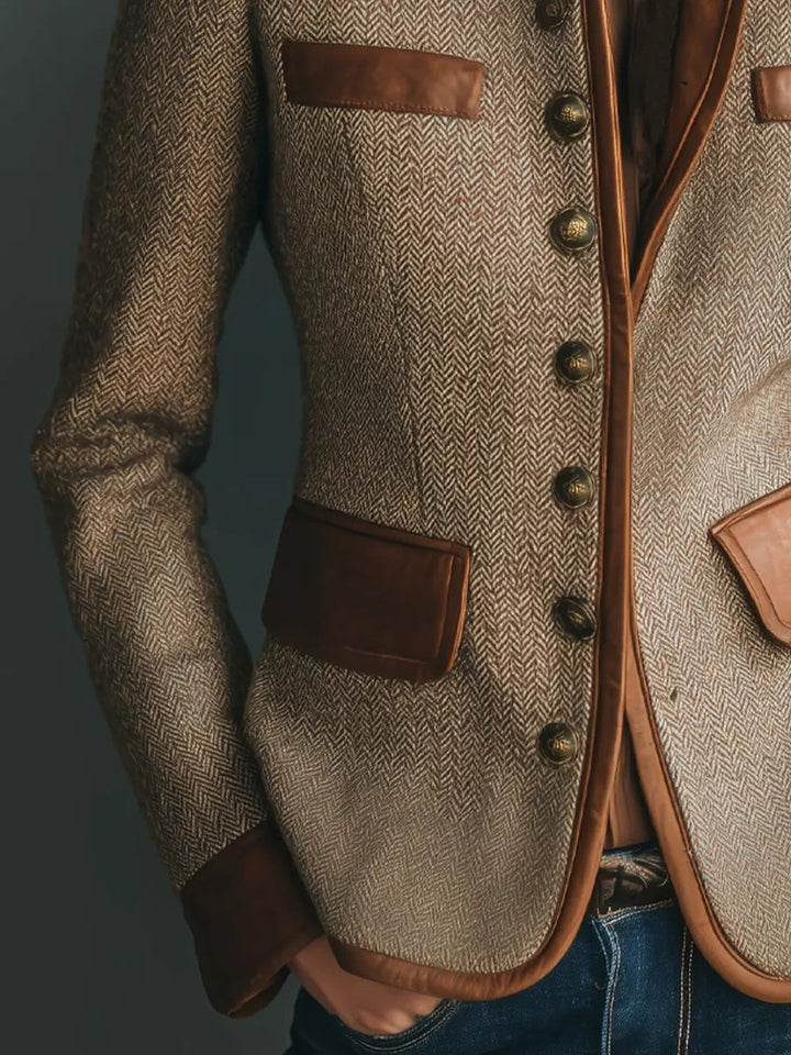 Edith | Women’s Herringbone Tweed-Style Leather-Trim Button-Up Jacket