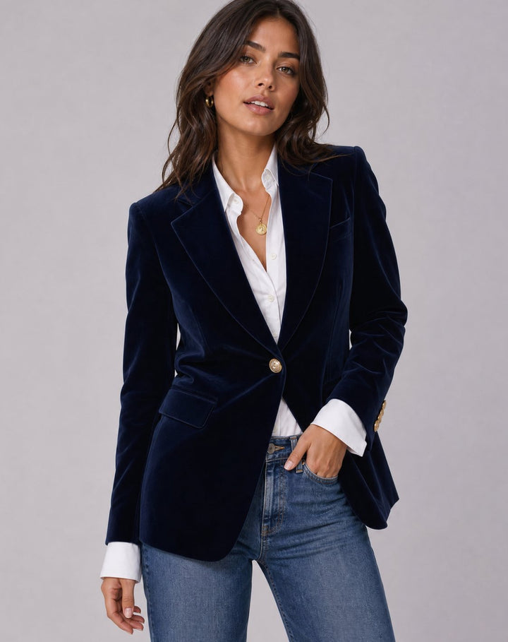 Celora | Women's Structured Velvet Gold-Button Slim-Fit Blazer