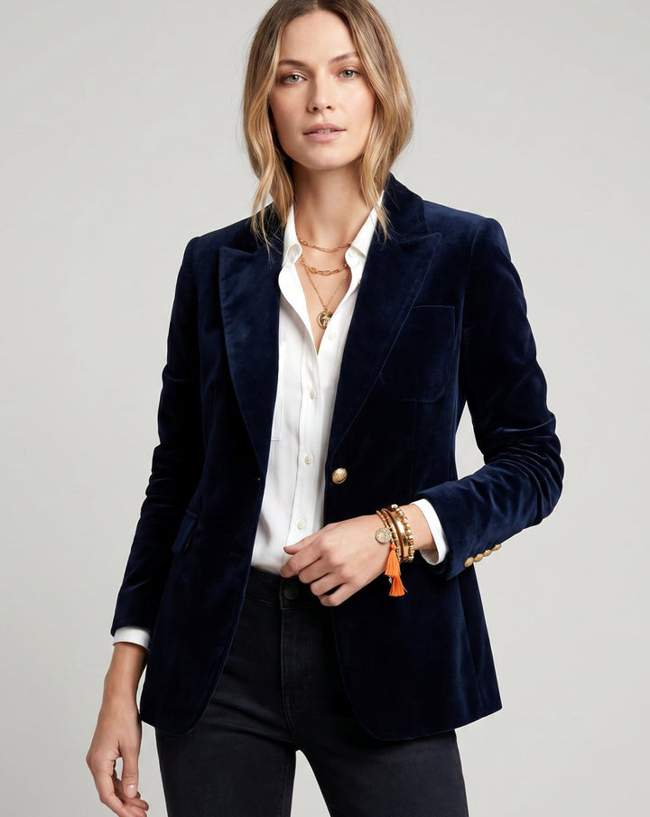 Celora | Women's Structured Velvet Gold-Button Slim-Fit Blazer