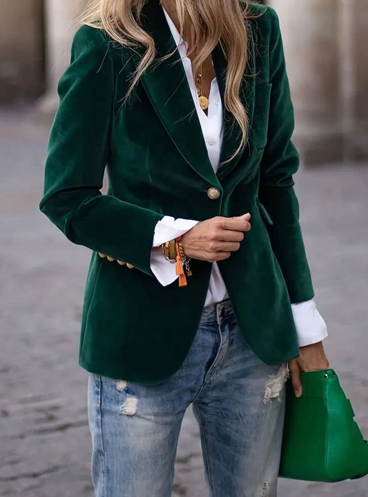 Celora | Women's Structured Velvet Gold-Button Slim-Fit Blazer